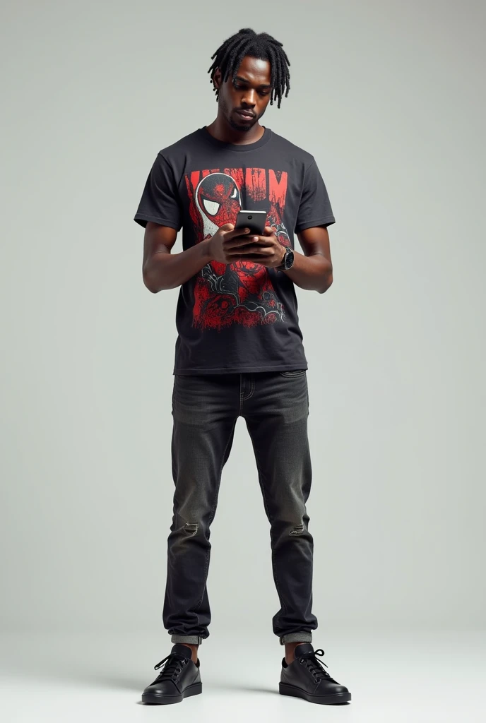 A black man with black hair, Spider-Man and Venom shirt, jeans and black sneakers, very dark brown eyes, holding a cell phone