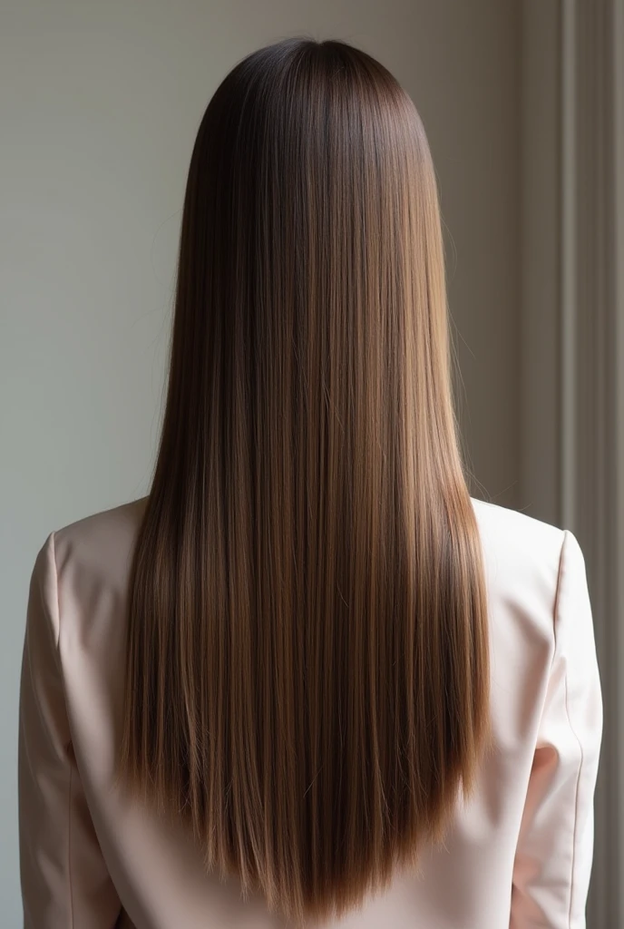 Hairstyle made on long hair with a straight cut, to be ironed Seen from behind