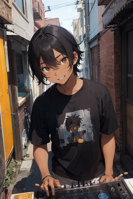 1 male, teenage boy, darker skin, dread hair, black hair, brown eyes, happy face, dj clothes, handsome face, man face, guns, bike, dj room