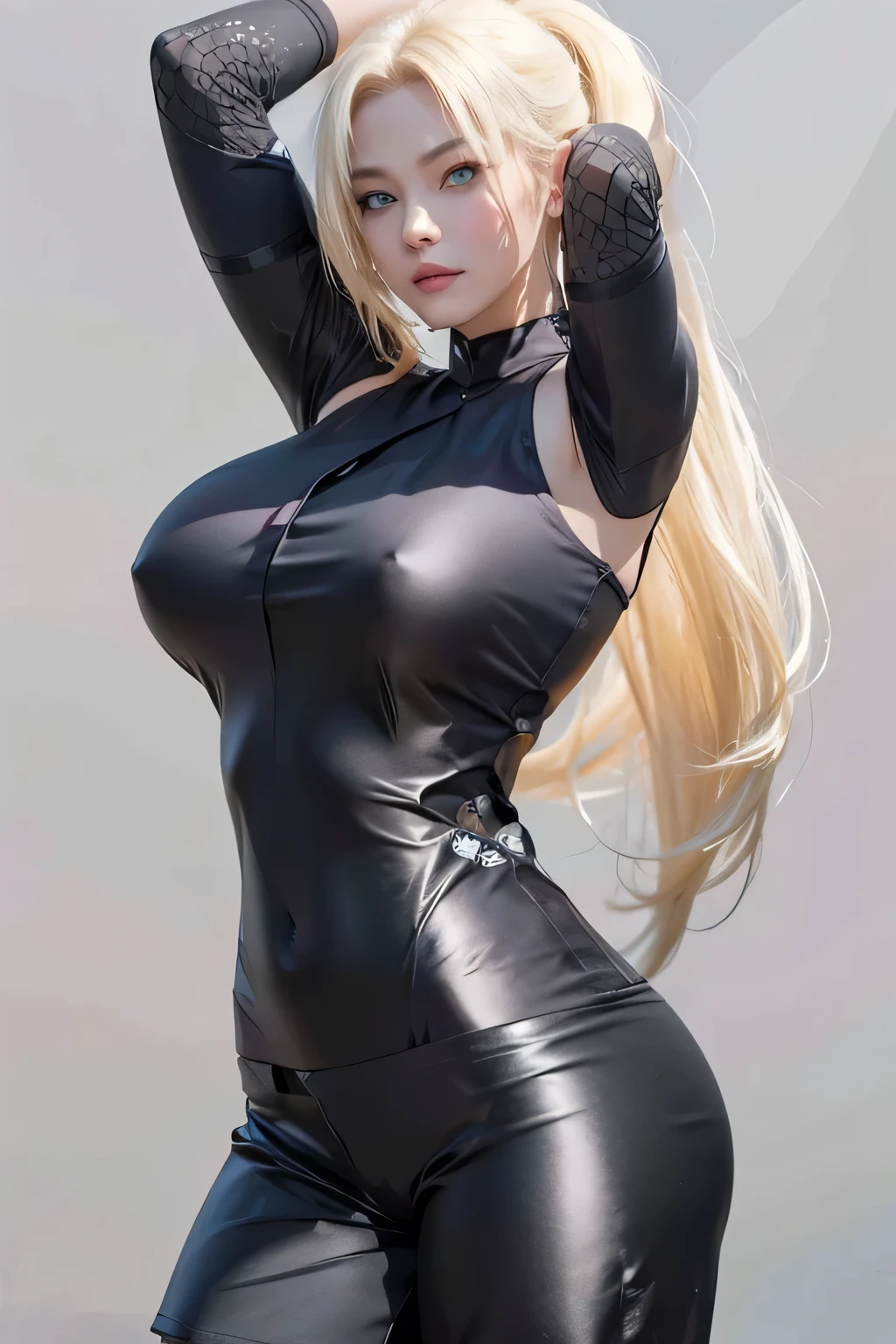 realistic, 1girls, Tsunade, best quality, 12k, HD, long hair, big round breasts, cleavage, ponytail, necklace, jewelry, shorts, slim hips, hair band, yellow eyes, yellow hair, super detailed, Eye details , hair details, person details, mouth details, face details, breast details, clothes details, hair details, pants details, hand details, whole body