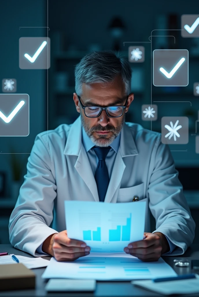 A scientist or regulator in an office or laboratory setting, examining a document or graph carefully. ao redor, there are approval icons (checkmarks) and regulation (icons of laws or regulations), highlighting the role of governance in nanotechnology.