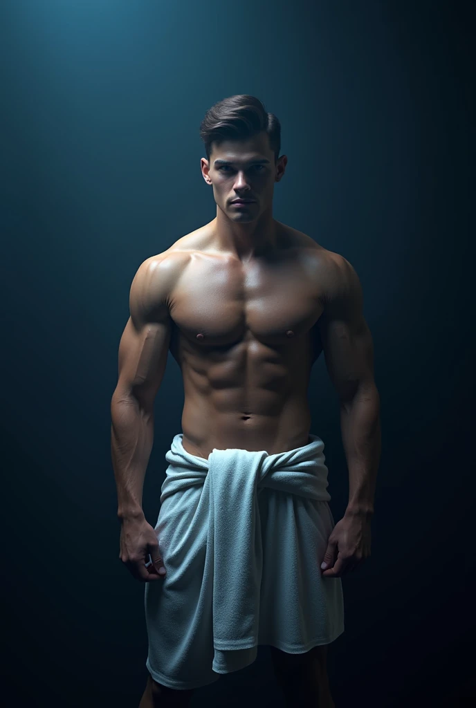 creates a young, muscular man without a shirt and wearing a towel in a dark blue environment