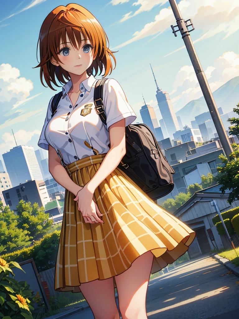Solo Girl, 20-year-old,Medium Hair, Mid-chest, , Highest quality, High resolution, Very detailed, Detailed Background, Perfect lighting、In town、uniform、Bag、Couple walking