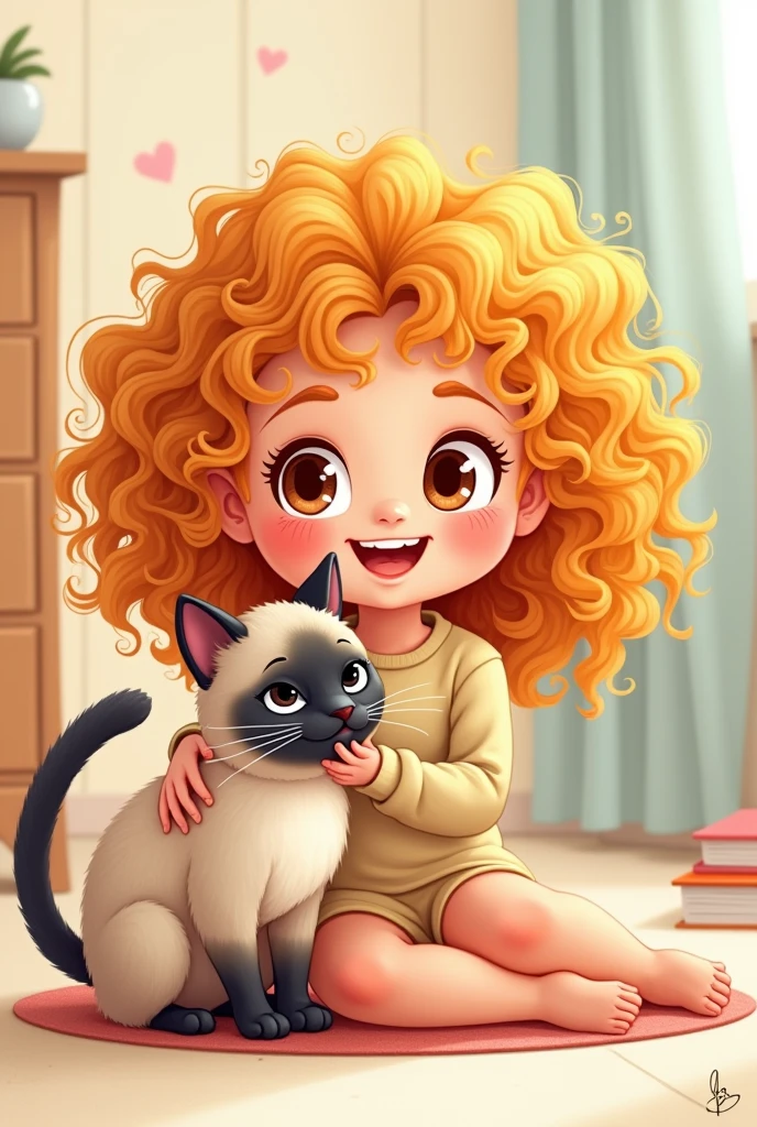 cartoon style image of a girl with curly hair next to a Siamese cat