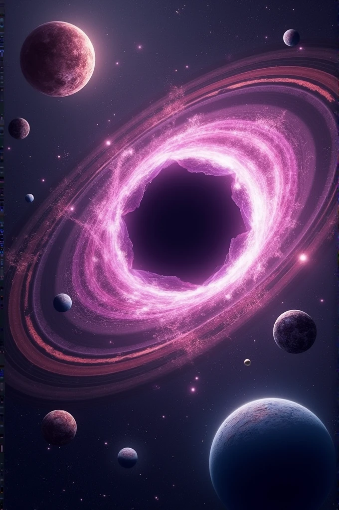 Purple and pink black hole with planets orbiting it