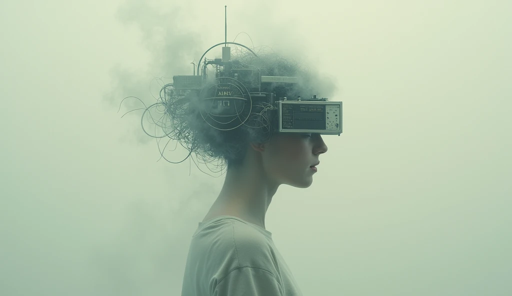 surreal composition,A person'the head becomes a complex signal receiver,White mist hovering around the head,Retro photo album cover,Realistic minimalist style