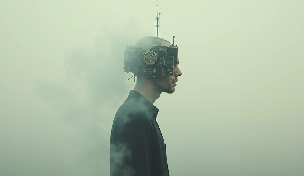 surreal composition,A person'the head becomes a complex signal receiver,White mist hovering around the head,Retro photo album cover,Realistic minimalist style