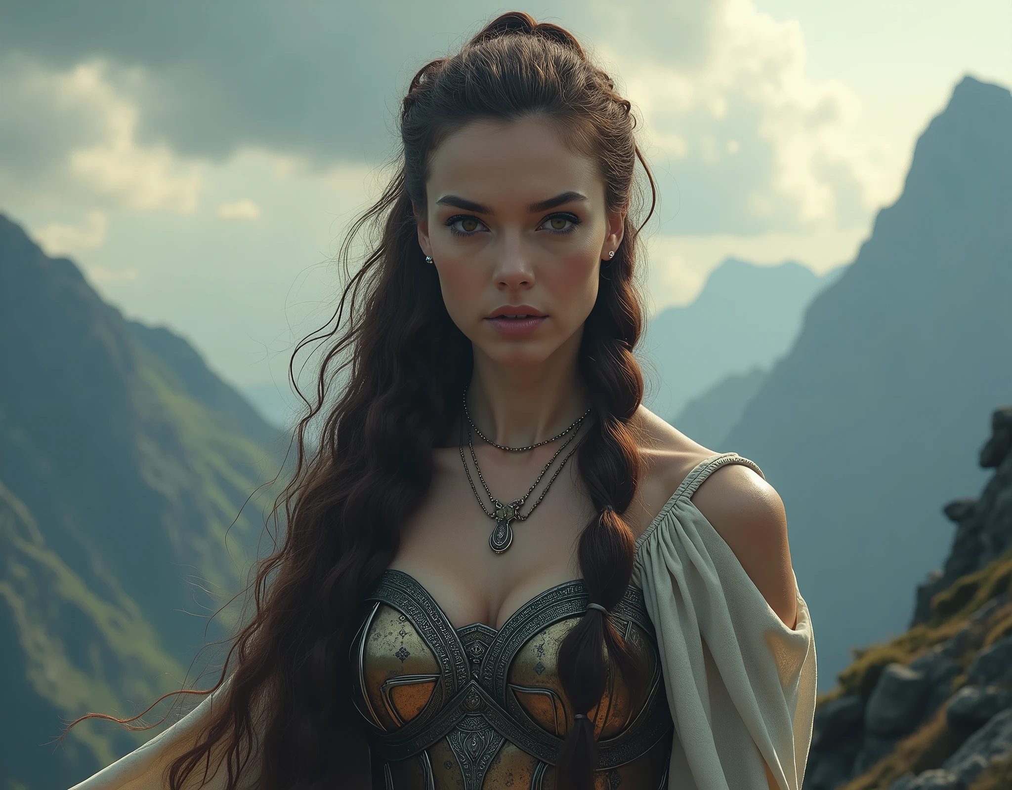 high fantasy cinematic portrait of a  woman with brown hair in a long braid, and hazel eyes goddess of strength and war 4k hd realistic exceptional quality 