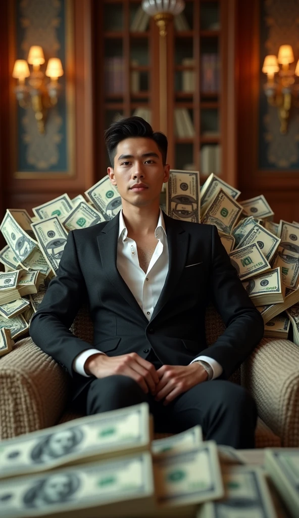 Well-dressed young multimillionaire in luxury clothes sitting on a bunch of resista dollar bills with realistic size and proportions