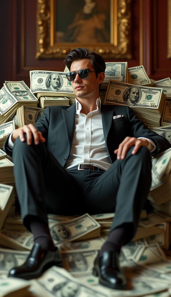 Well-dressed young multimillionaire in luxury clothes sitting on a bunch of resista dollar bills with realistic size and proportions
