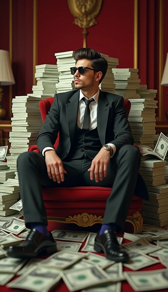 Well-dressed young multimillionaire in luxury clothes sitting on a bunch of resista dollar bills with realistic size and proportions