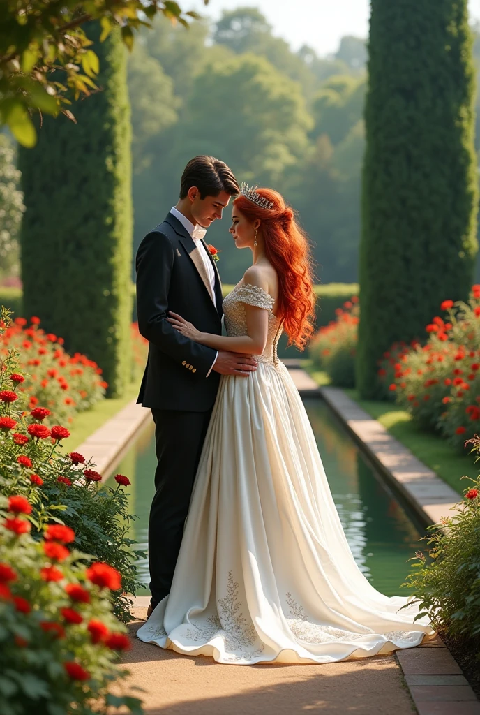 a red-haired queen with a white dress and a crown on her head in a beautiful garden with her handsome, dark-haired prince