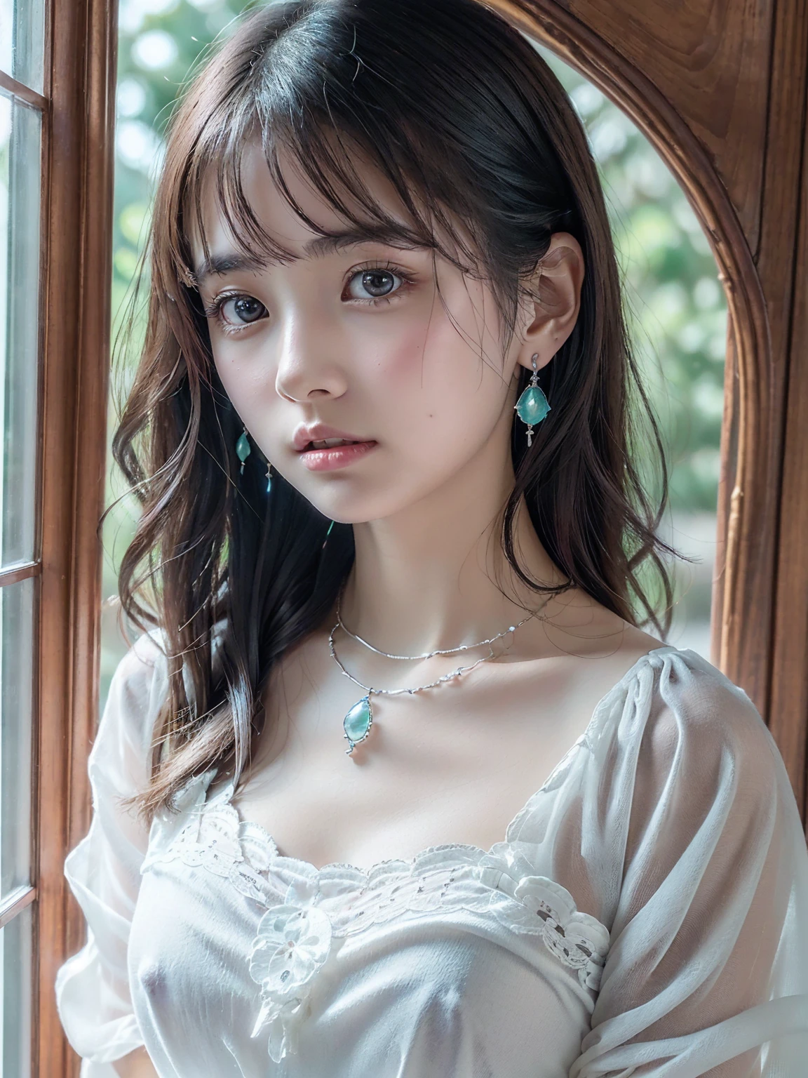 (((White camisole,Small ))), (((とてもエレガントでbeautiful, Perfect detail, Very detailed))), whole body, The most detailed girl, Written boundary depth, 美しくdetailedなwhole body, Thin legs, 1 person, Very short hair, Spiked Hair, Gray and silver hair, beautiful detailed hair, Perfect Face, Expressionless, beautiful, detailed, Deep Eyes, Please open your mouth a little, Delicate arms and hands, Pale skin, Earrings, beautiful and gorgeous necklace,, HD background, Blurred Background, とても繊細でbeautiful, masterpiece, (((Highest quality, とてもbeautiful8K CG壁紙))), (((Medium Hair))),( A stylishly decorated room,window)、Glowing Skin、Shiny Hair、Transparent photos、
