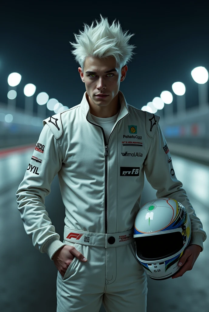 (best qualityer,4K,8k,high resolution,work of art:1.2),ultra detaild,sharp focus,(Realist,FotorRealista,FotorRealista:1.37),FotorRealista, poor lighting, standing alone, Young man, 24 years, pale skin, role model (skinny:1.3), (spiky white hair with black highlights:1.5), (white pilot jacket:1.3), f1 driver clothes, incubus, (race track backgroundCNTX:1.4), race track lighting,car background,extremely detailed facial features,yellow eyes,white helmet