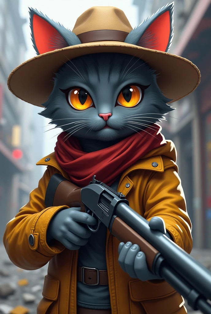 Anime cat in gray free fire theme with straw hat on head, with a 12 gauge gun in his hand 
