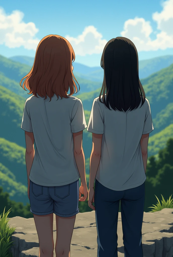 a girl with hair length touching the shoulder and height 5’3 with a girl with hair longer waist level hair length with black hair but brown on the ends with the height 5’2. back view only on a cliff with the view of hills