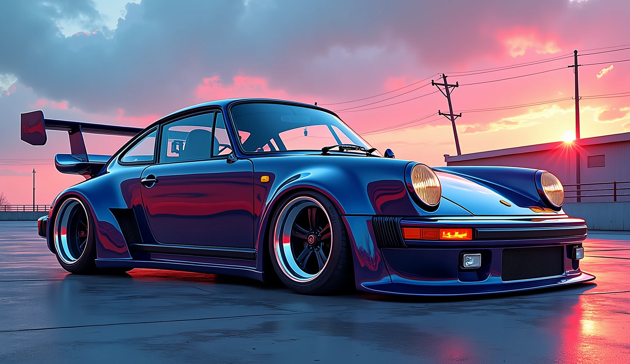 Drawing 
Porsche 911 rwb, wide body, sketch, 
cartoonish, Chip Foose car rendering, chrome wheels, bagged, slammed to the ground, empty parkinglot, style dessin manga, couleur architects 

