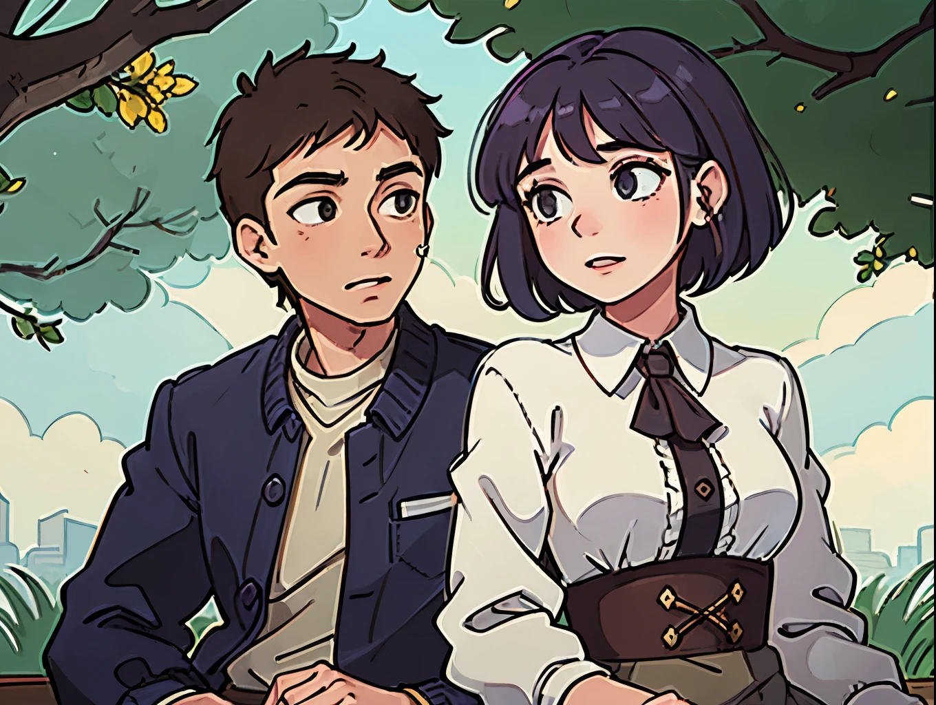 Man and woman, sitting beside a tree, romantic conversation, joy, (insanely detailed, perfect faces, upper body)