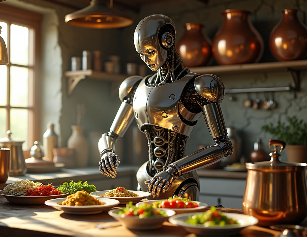 Rustic Robot Chef. A gleaming, metallic robot stands in a rustic kitchen, meticulously preparing a gourmet meal. The kitchen is filledwith the aromas of fresh herbs and spices, a warm and inviting contrast to the robot's cold, metallic exterior. The robot's movements are precise and efficient as it chops vegetables, stirs sauces, and carefully plates the finished dishes. Sunlight streams through the kitchen window, illuminating the scene with a warm, golden glow. Copper pots and pans hang from the ceiling, adding to the rustic charm of the setting. The scene is a fascinating exploration of the intersection between technology and tradition, suggesting that even the most advanced machines can appreciate the art of cooking and the simple pleasures of creating a delicious meal.
