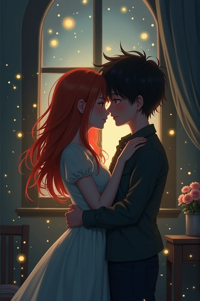 Create an image of a red-haired girl hugging a black-haired boy in a dark room with fireflies in the window, in a kind of oovea style