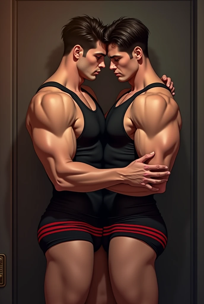 A man black   in tank top under vest and 
wide  red colour stripline on tank top under vest and were black trunk speedo and  wide  red colour stripline on speedo  with one boy friend in same clothes both Man are in home during sex time and were tank top under vest and 
wide  red colour stripline on tank top under ve