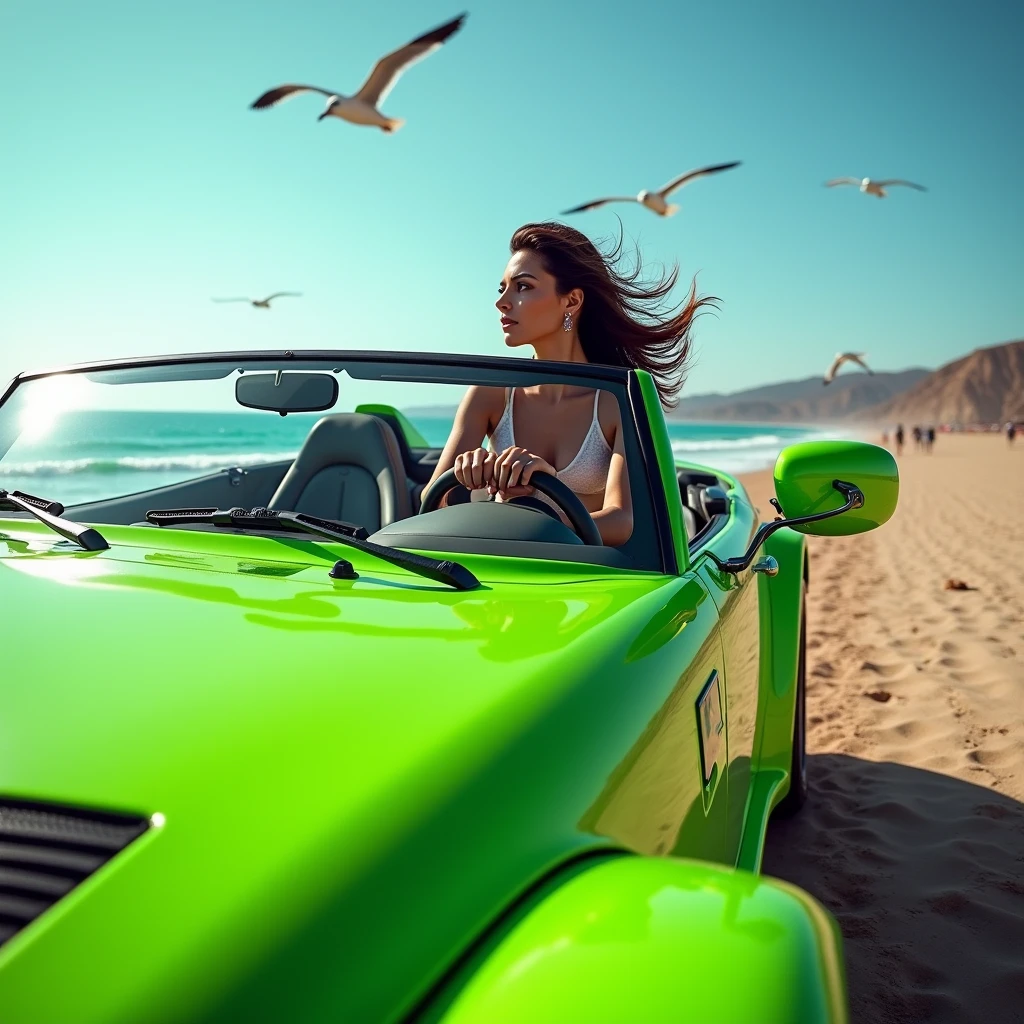 Hot brunette hair driving on the beach of Tlemcen in Algeria. Car driven it is hummer H2 neon green carbon convertible, high quality, high details, our hair blowing in the wind early in the morning, with the seagulls flying above.