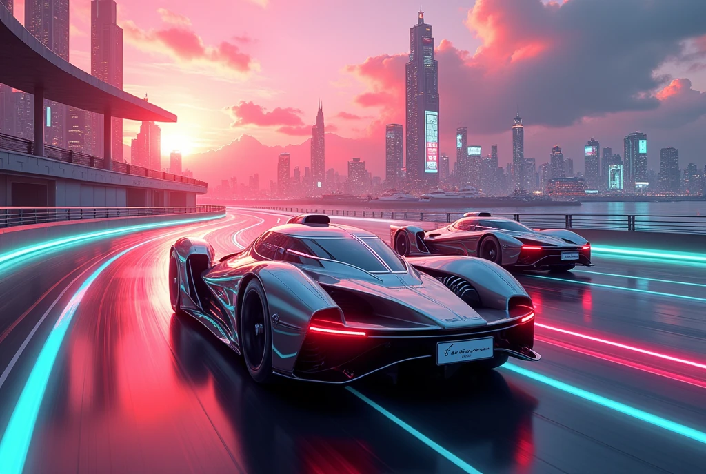 futuristic racing cars racing in a track, sc-fi city background, sunset on a marina, cyan sun, retrowave,