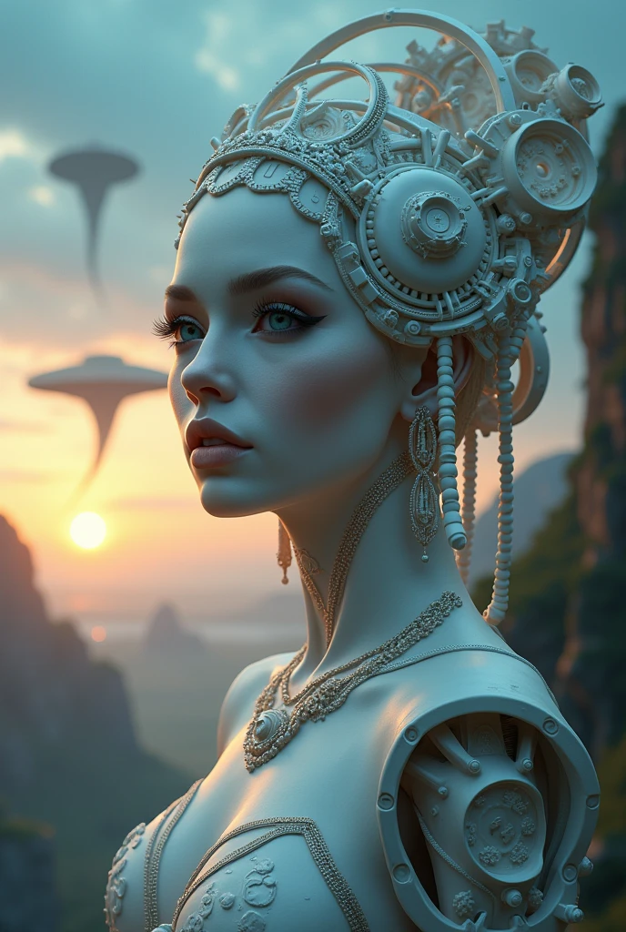 realistic visual effects,attractive beautiful,dramatic contrast,Gentle lighting,Delicate warmth,the soft light,hyper HD,Extremely colorful,best qualityer,perfect female shape,HighDynamicRange,long eyelasher,Unbeatable masterpiece,Snow-whiteskin,putting makeup on,Sexy goddess,Large mechanical gears,Strange sky,8K high quality,A pair of big eyes are beautiful and moving,White skin,Makeup,Sexy outfit,【Background with】Large gears,Doomsday ruins,Giant tornado,The setting sun burns the clouds,Multiple planets,The end of the world,Multiple planets,Mards,Jupiter,Mercury,Strange sky,Giant tornado,Blue light,salama,Large flying machines,Cool car