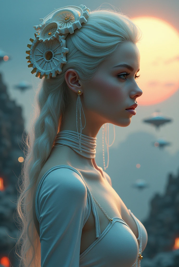 realistic visual effects,attractive beautiful,dramatic contrast,Gentle lighting,Delicate warmth,the soft light,hyper HD,Extremely colorful,best qualityer,perfect female shape,HighDynamicRange,long eyelasher,Unbeatable masterpiece,Snow-whiteskin,putting makeup on,Sexy goddess,Large mechanical gears,Strange sky,8K high quality,A pair of big eyes are beautiful and moving,White skin,Makeup,Sexy outfit,【Background with】Large gears,Doomsday ruins,Giant tornado,The setting sun burns the clouds,Multiple planets,The end of the world,Multiple planets,Mards,Jupiter,Mercury,Strange sky,Giant tornado,Blue light,salama,Large flying machines,Cool car