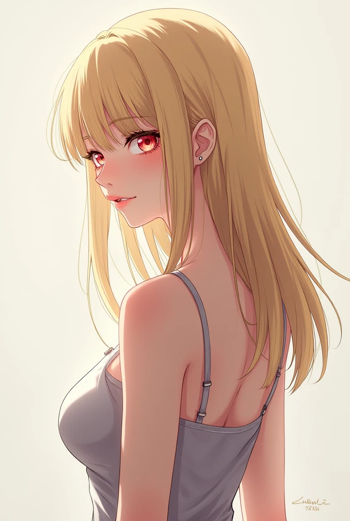 1 girl, small breasts, long hair, blushing, bang, blonde hair, Red eyes, parted lips, back view, a high resolution, HD model, Smile, language, hard breath, contemptuous look, Strictness, blush on the face, illustration, nude, в позе jake-o challenge,