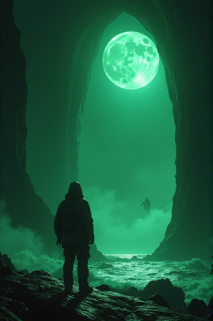 ((best quality)), ((masterpiece)), (detailed),Filled with fear, the sailor approaches and sees alien beings inside, engrossed in advanced technology beyond his understanding. (night green)