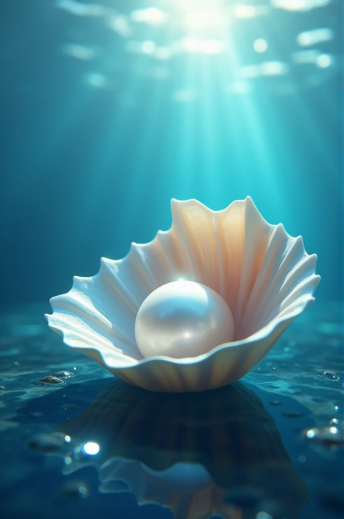 a pearl under the blue Ocean in a shell is glittering .the sunlight came through the water and falls on the pearl .
