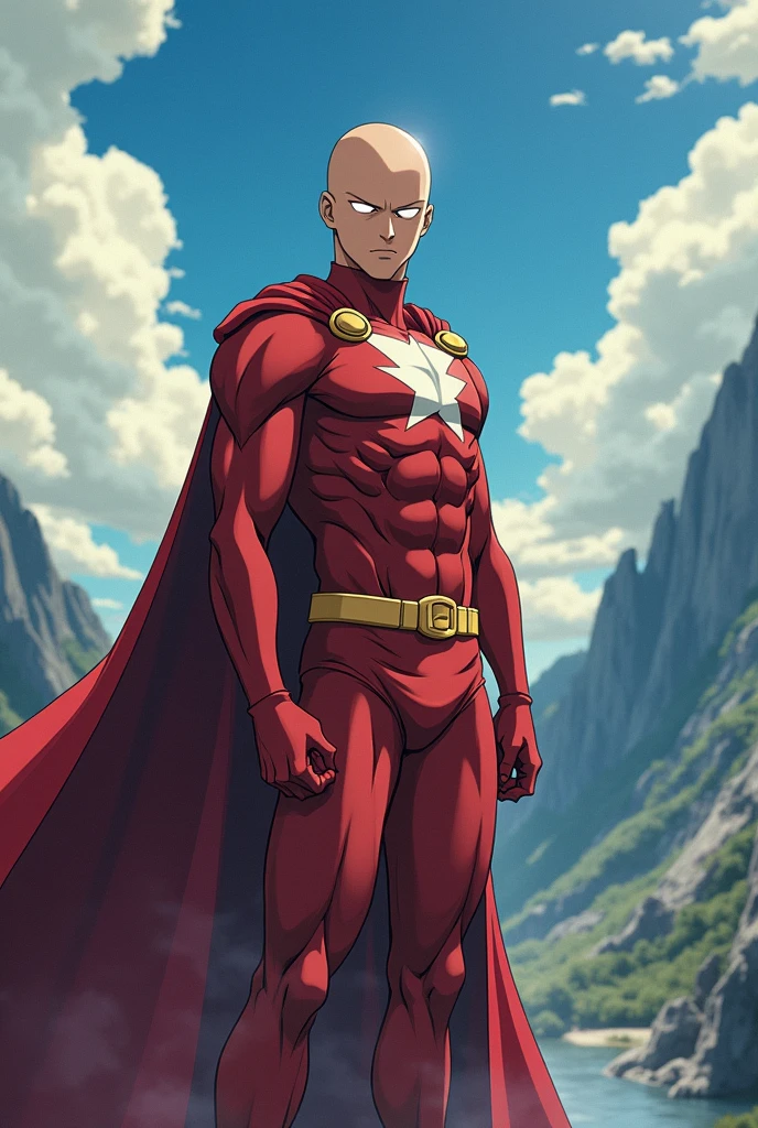 Create a full body photo of Saitama in his series mode with an epic background but without losing the anime essence