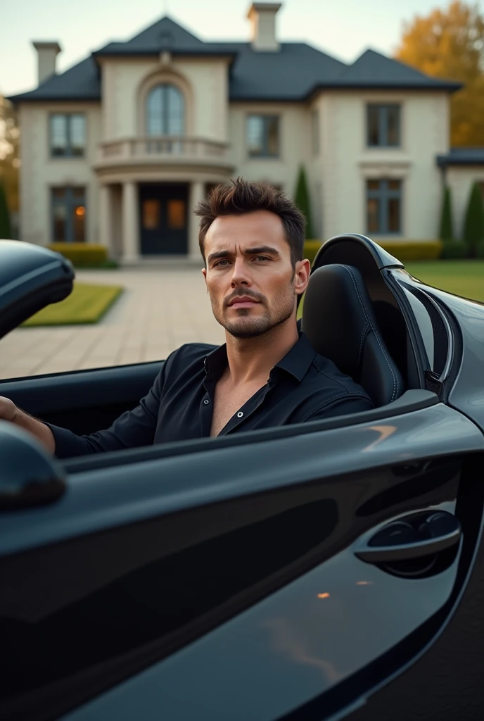 create a picture of a beatifull man of 2 boy with a fair soft white skin wear a black shirt and sitting on driving seat of black buggati and car infront of luxury house