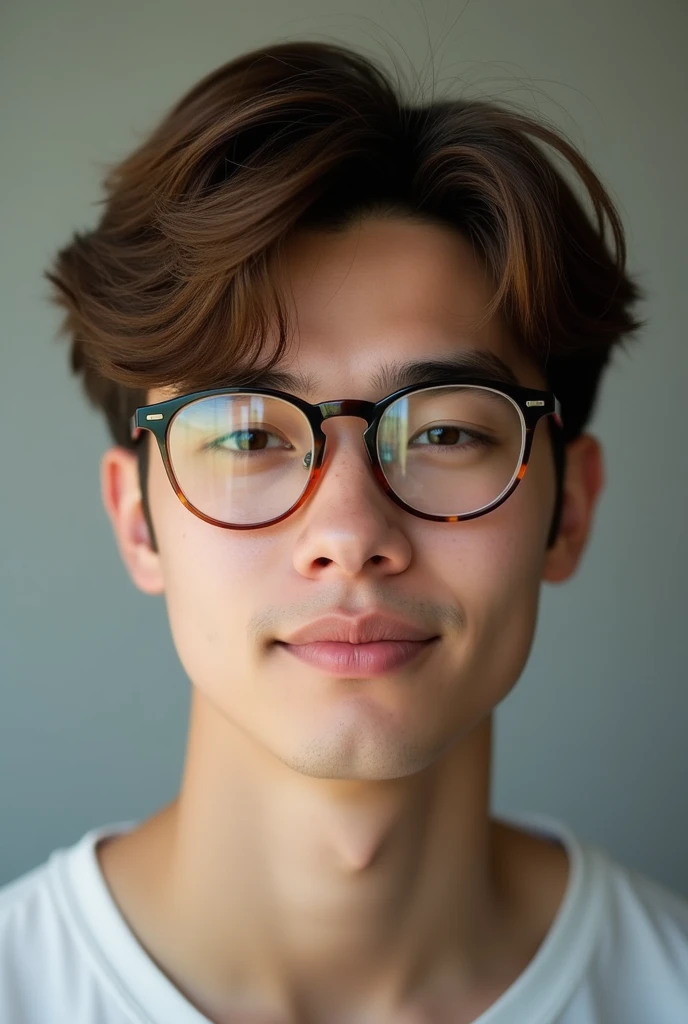 Create a drawing of a photograph of a young male, Short brown hair with bangs, with glasses, brunette skin