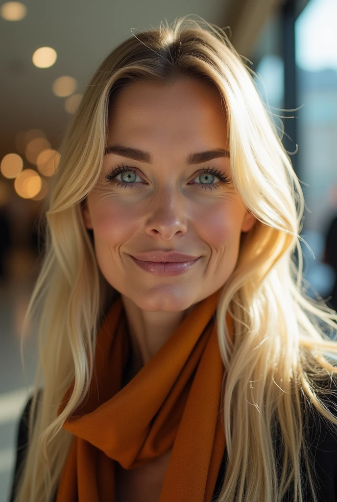 a woman in her 50s, long blonde hair, Blue-green eyes, shopping, face detailed, realisitic, photorealisitic, 8k, work of art, high qualiy, studio lighting, bright coloured, warm light, classy fashion, shopping mall interior, glass windows, Reflections, City skyline background