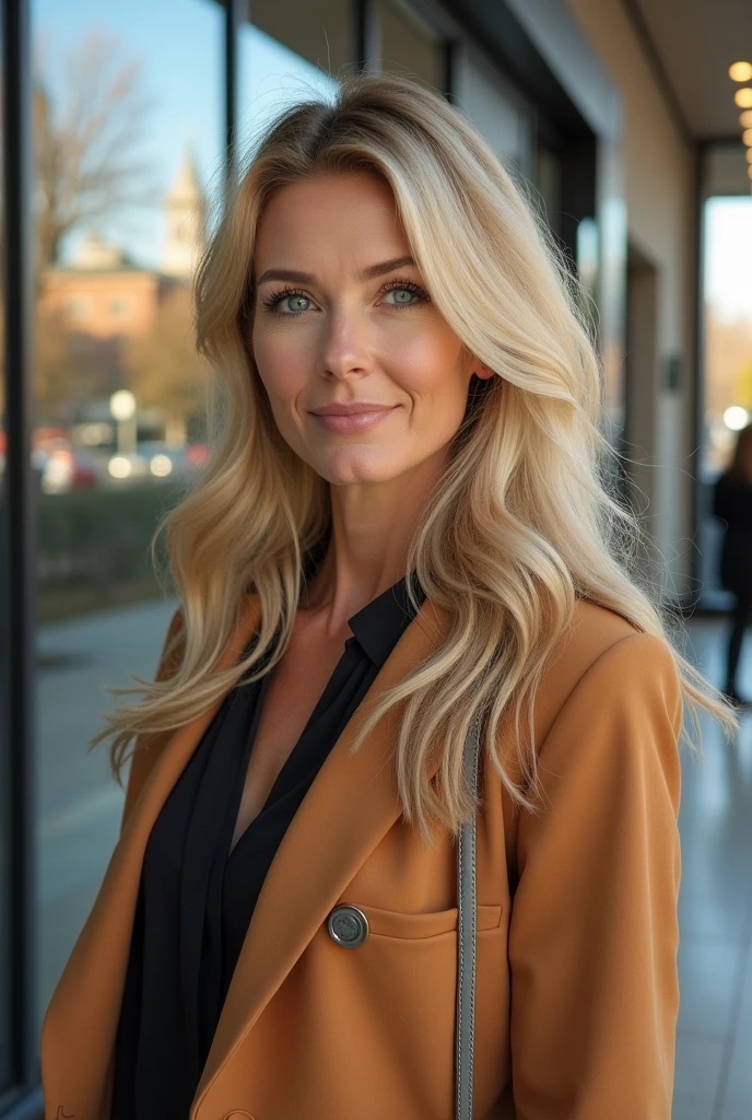 a woman in her 50s, long blonde hair, Blue-green eyes, shopping, face detailed, realisitic, photorealisitic, 8k, work of art, high qualiy, studio lighting, bright coloured, warm light, classy fashion, shopping mall interior, glass windows, Reflections, City skyline background