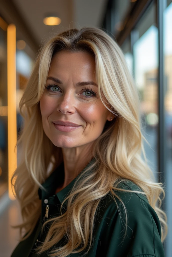 a woman in her 50s, long blonde hair, Blue-green eyes, shopping, face detailed, realisitic, photorealisitic, 8k, work of art, high qualiy, studio lighting, bright coloured, warm light, classy fashion, shopping mall interior, glass windows, Reflections, City skyline background