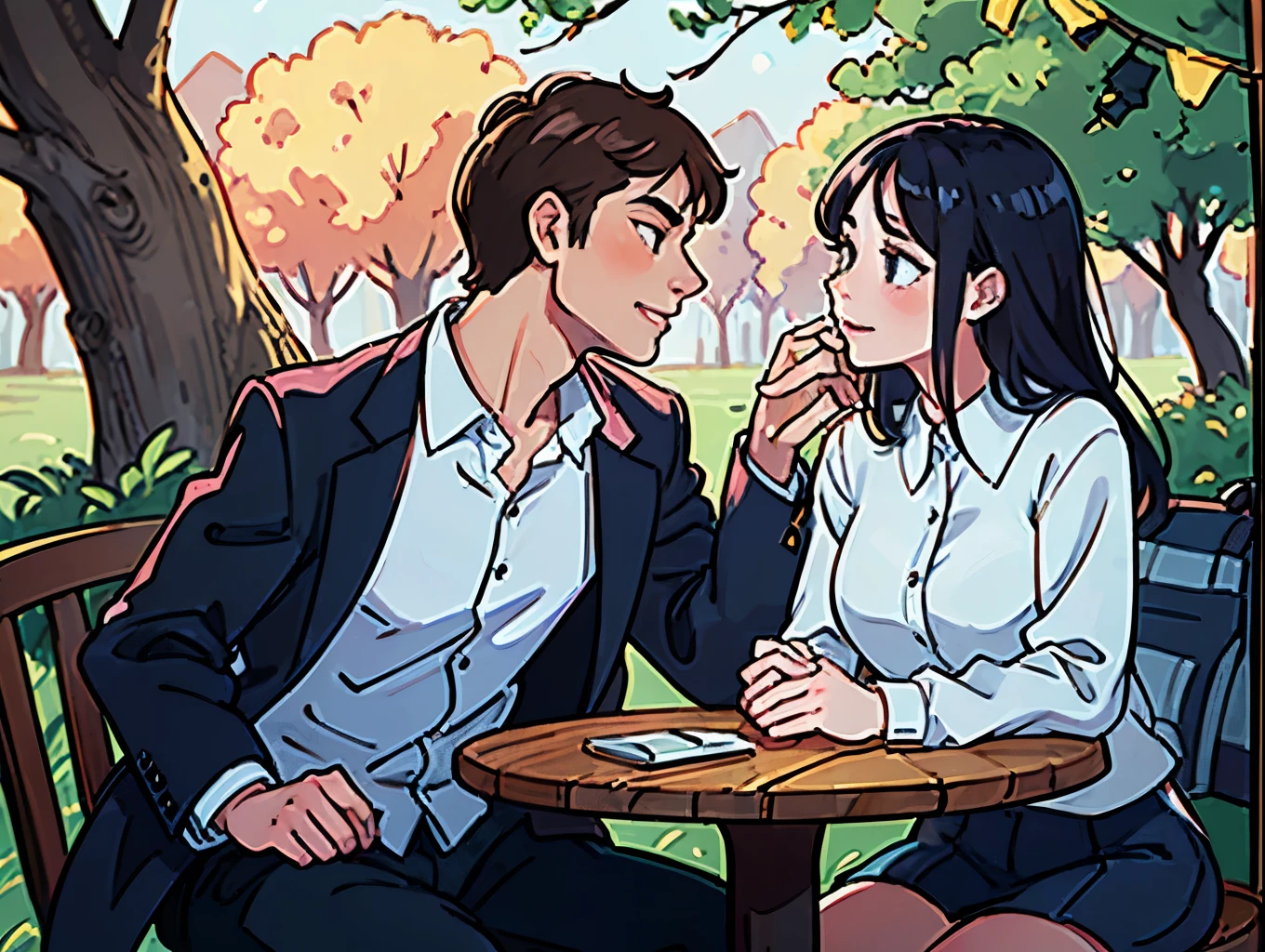 Man and woman, sitting beside a tree, romantic conversation, joy, (insanely detailed, perfect faces, upper body)