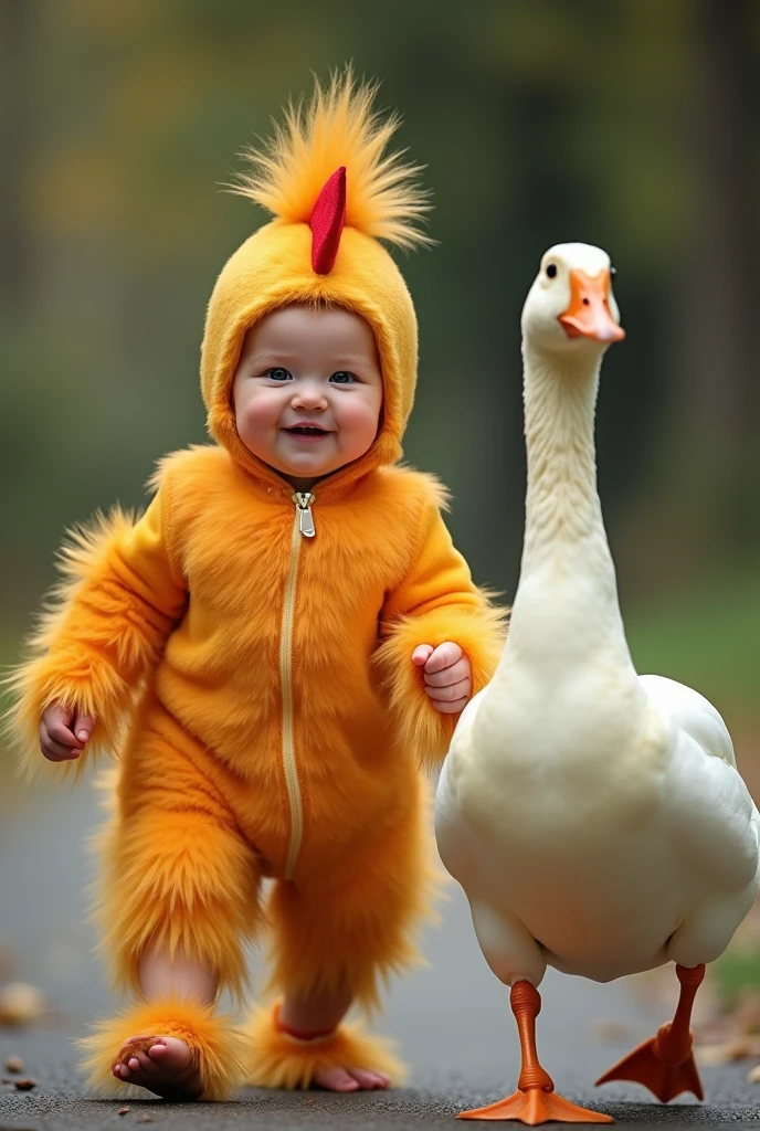 a  in a chicken costume walking next to a duck, a picture, trending on reddit, national geographic footage, 💋 💄 👠 👗, 240p, drake