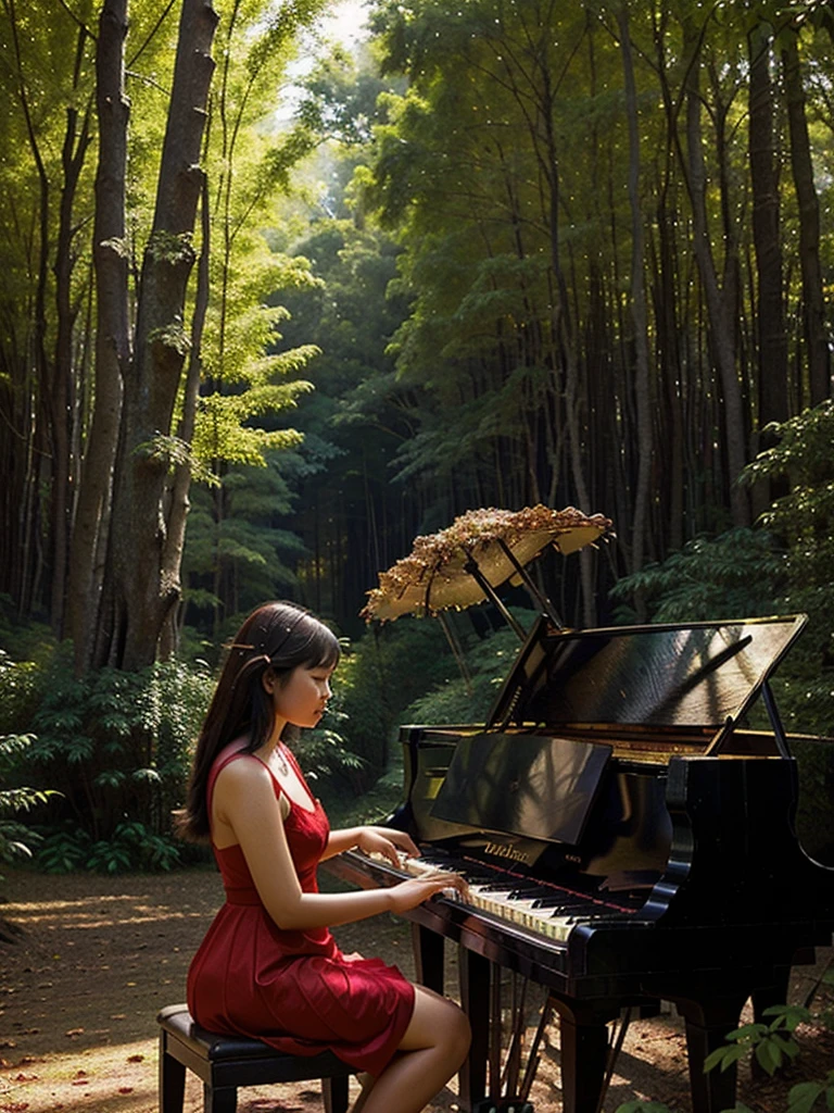 A Thai woman in a gorgeous red dress plays the piano in the forest.