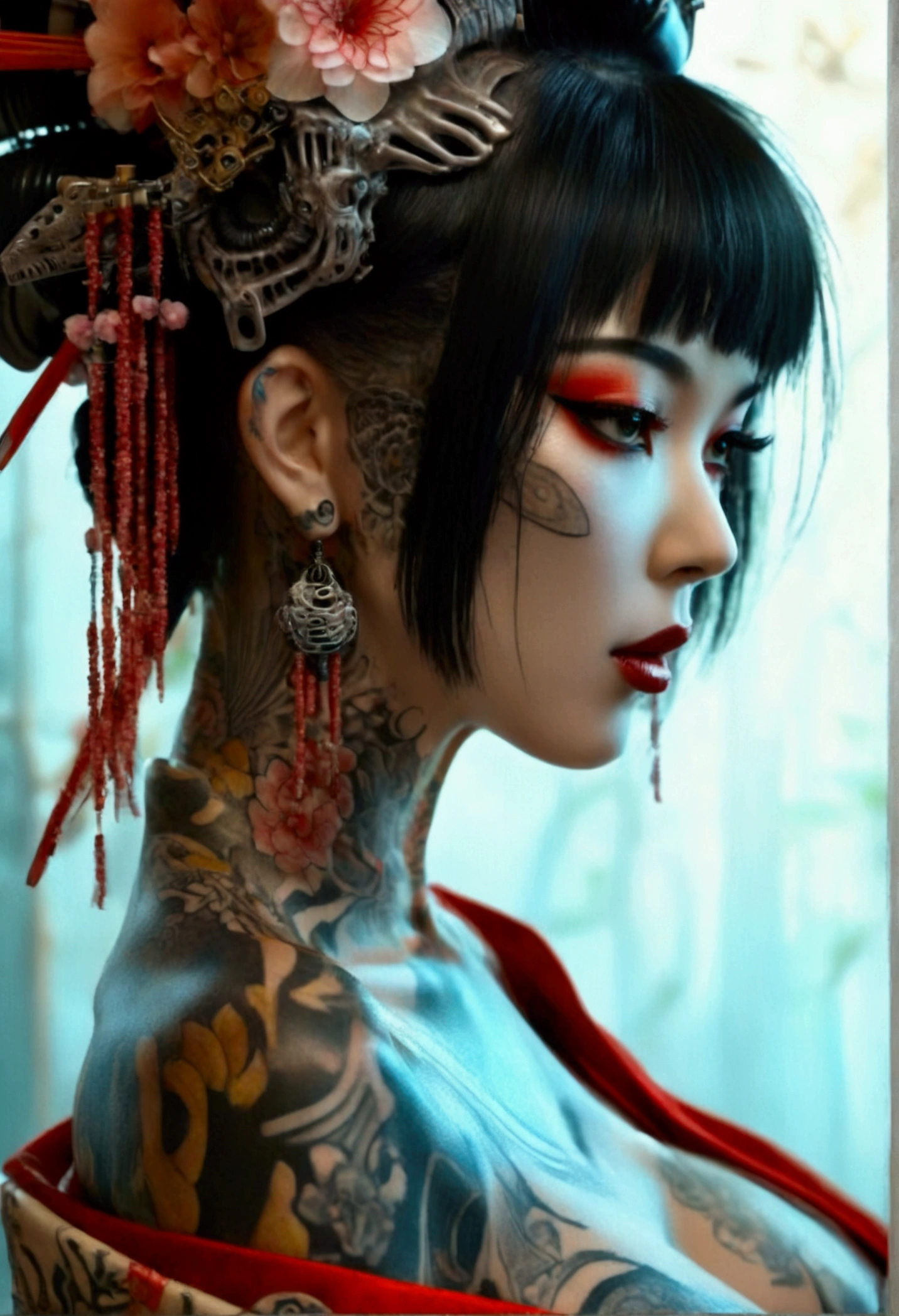 Stunningly gorgeous beautiful perfect hr giger inspired inspired tattooed sexy seductive Geisha, perfect face, hyper detailed vibrant eyes, large breasts, full body view, nude, no color black and gray only, show complete body,