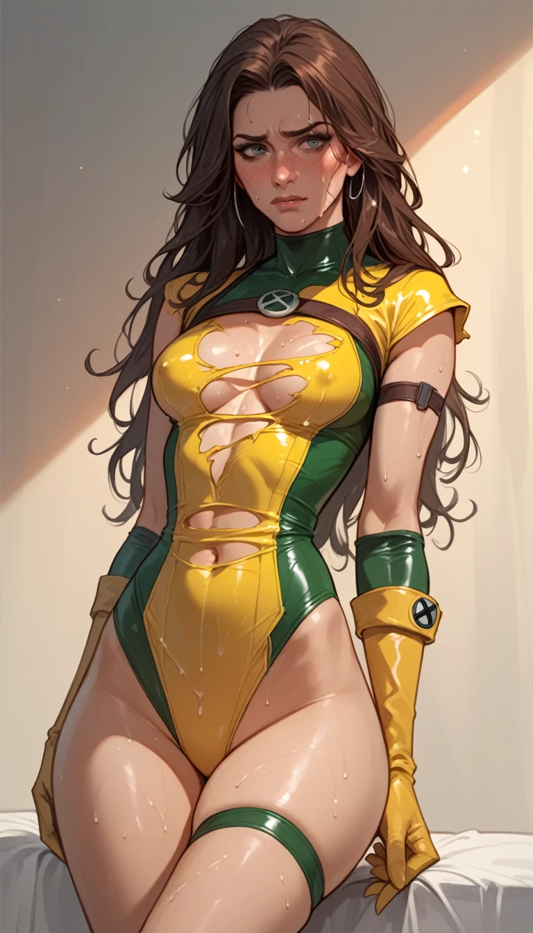 skinny,
Medium chest,
Embarrassed,
long hair,
bukakke,
thighs exposed,
lateral view,
latex gloves,
rogue x men, torn costume, embarrased, sweaty,