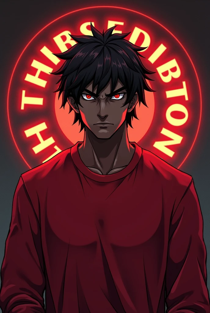 Man with red eyes, dark brown skin, dark brown hair, red sweatshirt, behind him a logo saying THUMBS EDITION, not anime style