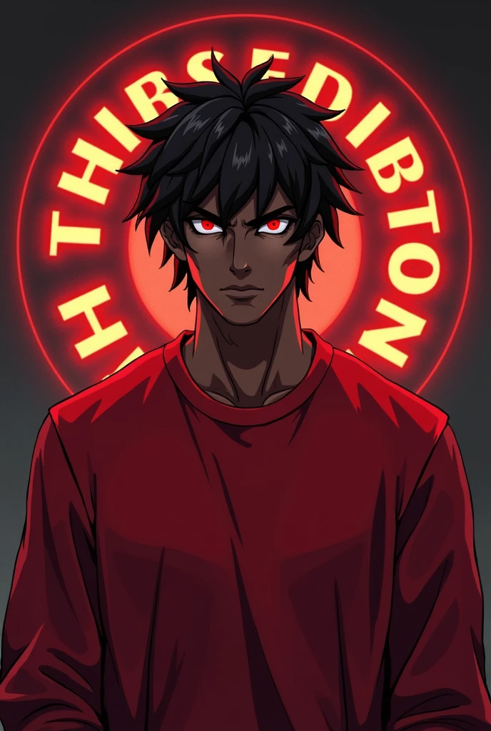 Man with red eyes, dark brown skin, dark brown hair, red sweatshirt, behind him a logo saying THUMBS EDITION, not anime style