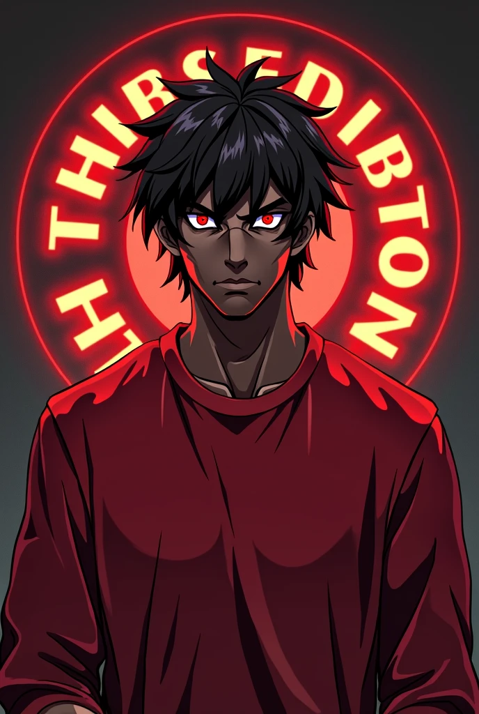 Man with red eyes, dark brown skin, dark brown hair, red sweatshirt, behind him a logo saying THUMBS EDITION, not anime style