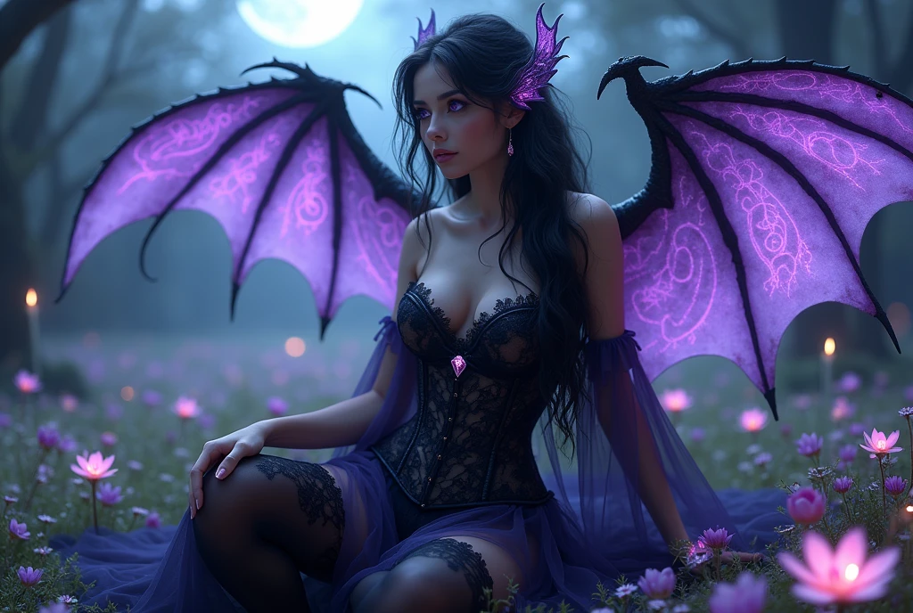 (masterpiece, best quality, ultra detailed, photorealism, cinematic lighting, extreme focus), *(ethereal moonlit atmosphere:1.4), *(romantic and mystical fantasy setting:1.6), *(3D elements and volumetric lighting:1.5), *(natural luminescent elements:1.6), *(draconic sorceress:1.5), *(long wavy black hair, glowing purple eyes:1.5), *(seductive facial features:1.4), *(well-defined, curvaceous body:1.6), *(elegant and sensual black lace corset:1.4), *(sheer flowing veils highlighting her voluptuous figure:1.4), *(deep cleavage and perfect curves:1.5), *(majestic dragon wings with a mystical glow:1.5), *(intricate glowing magical symbols on the ground:1.5), *(luminescent flowers and glowing magical creatures like fairies floating around:1.6), *(wisps of mystical energy:1.5), *(no deformities, perfect hand and foot detail:1.6), *(balanced composition, sharp details, vivid colors:1.5), *(mystical and seductive aura:1.6), *(romantic moonlit landscape:1.5), *(no candles, only natural or magical light sources:1.5), *(delicate shadows and soft lighting to enhance the magical, romantic atmosphere:1.5), (intricate details, realistic textures:1.4).
