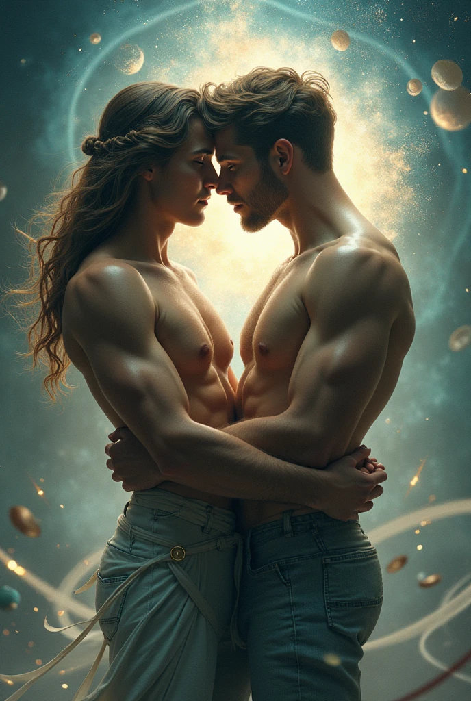 Create an image of an Aquarius and Gemini man in intimacy in fantasy