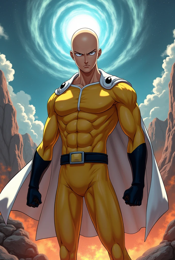 Create a full body photo of Saitama with his series mode with an epic background but without losing the anime essence with his respective suit