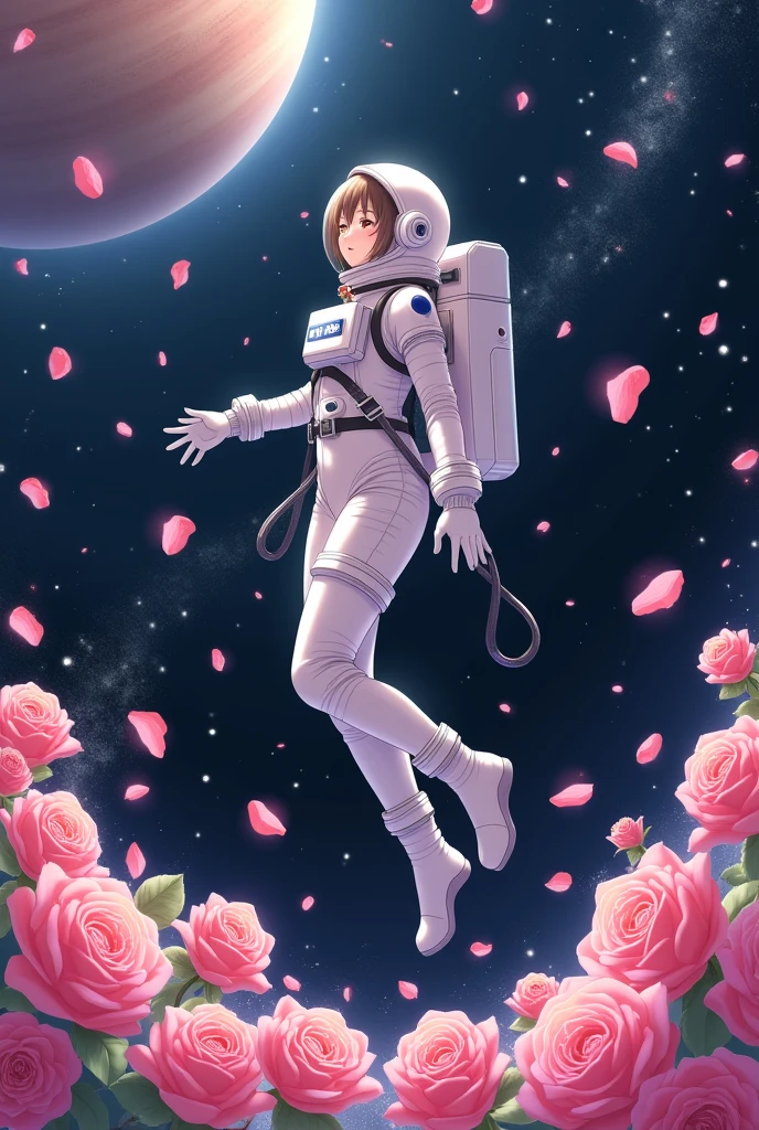 vast outer space, with a female astronaut in a bed of roses, anime